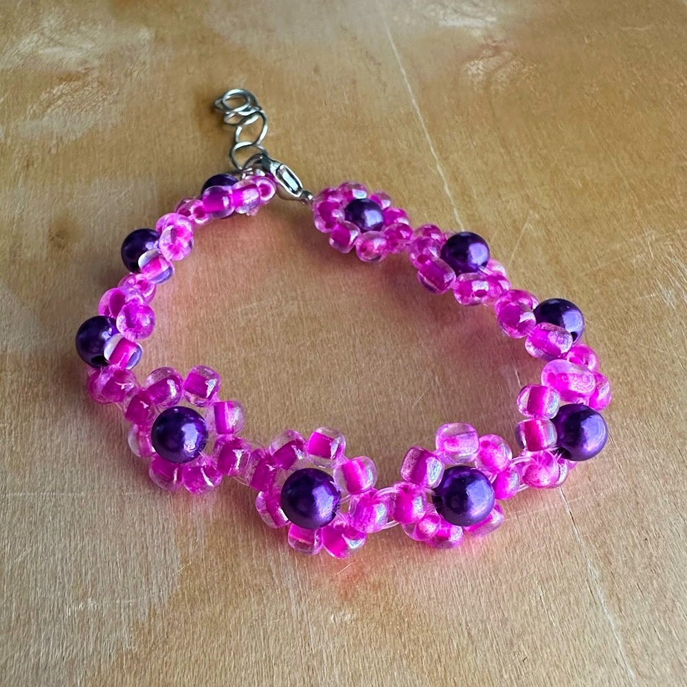 Pink and Purple Floral Beaded Bracelet